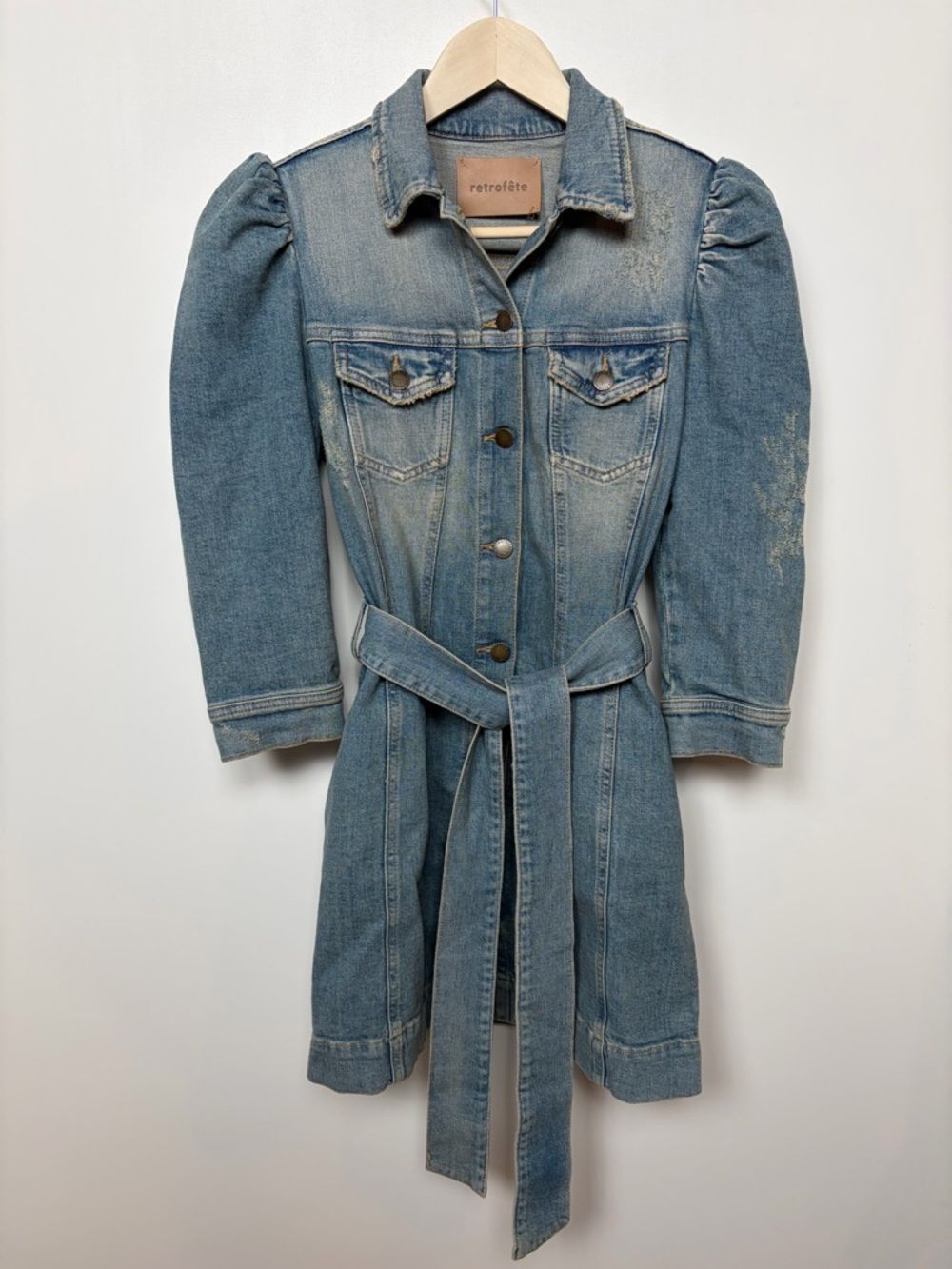 Retrofete Lema Belted Denim Dress Distressed Size Small